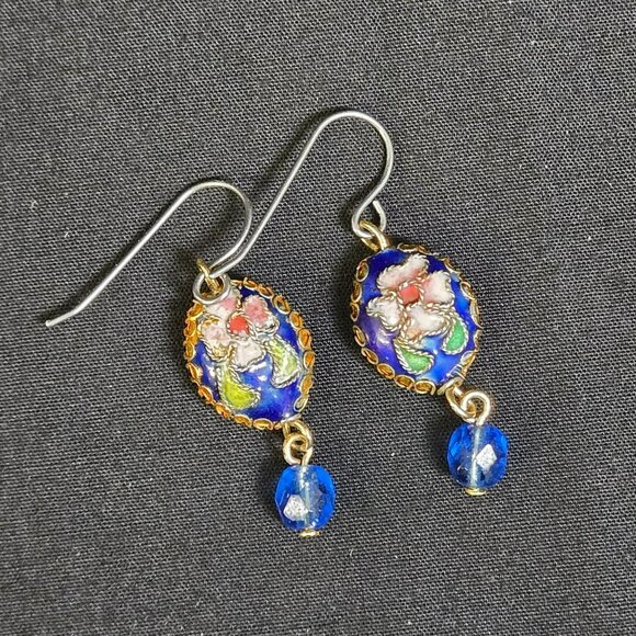 Cloisonne Enamel Floral Dangle Earrings Blue Bead Drop Handmade Boho 1.5" - Picture 2 of 6